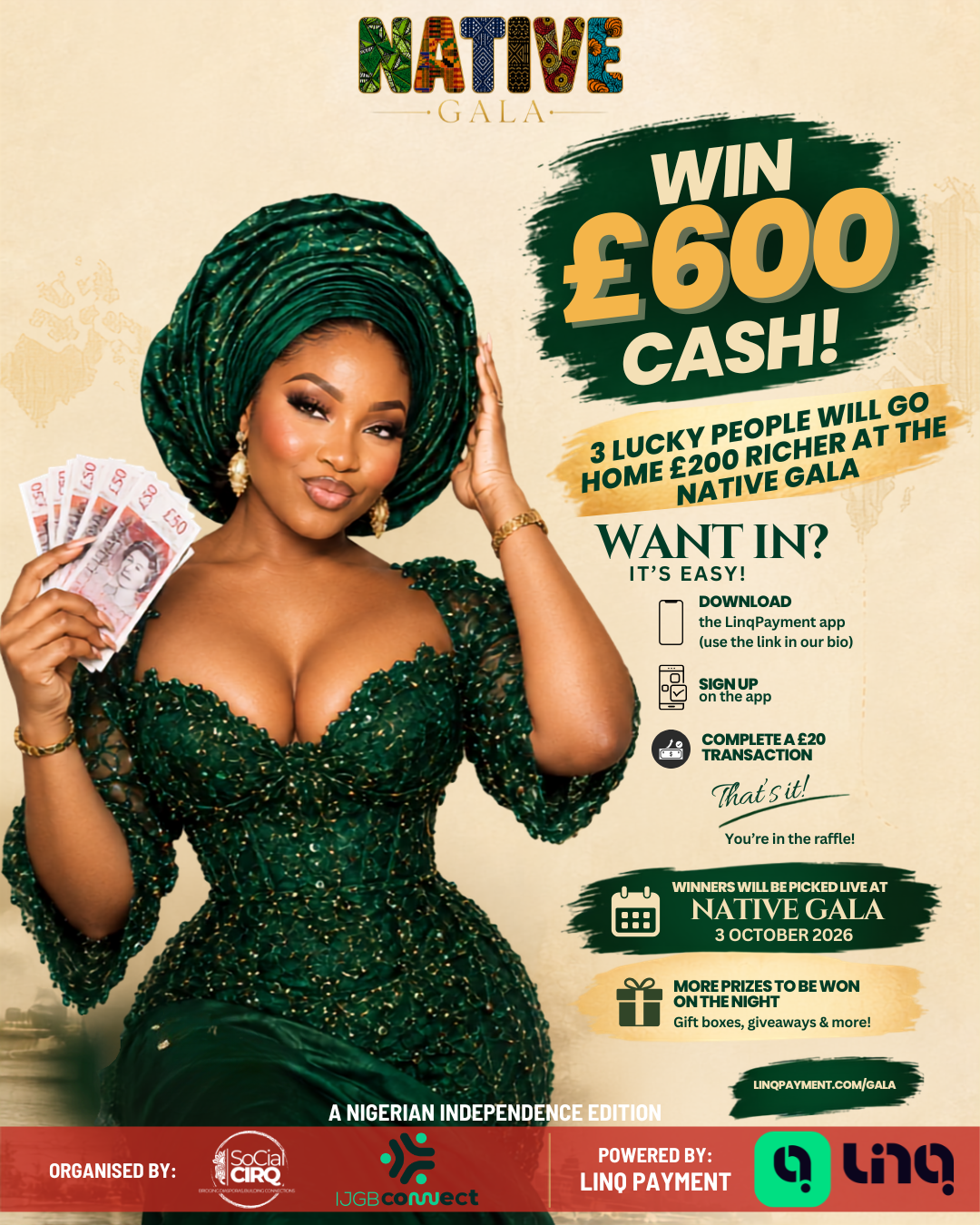 Native Gala giveaway: three winners receive £200 each. Download Linq, sign up and complete a £20 transaction. Winners picked live on 3 October 2026.